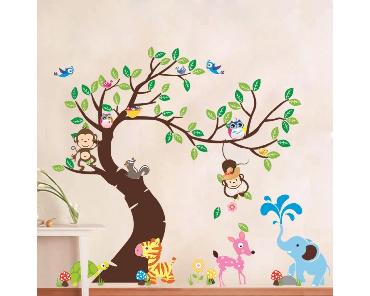 Large Nursery Tree Sticker Happy Time Elephant, Monkeys, Birds, Zebra Large Nursery Tree Sticker Happy Time Elephant, Monkeys, Birds, Zebra